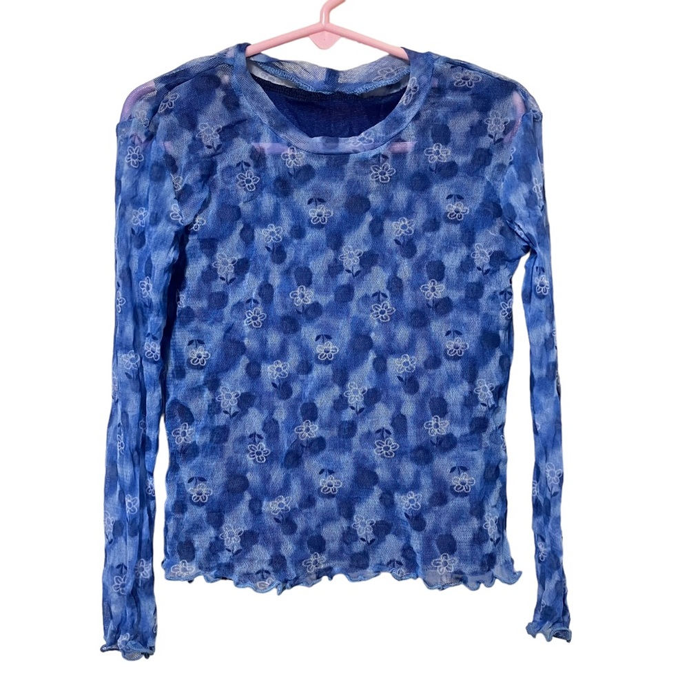 Vintage 90's Y2K Blue Floral Mesh Overlay w Tank Long Sleeve Top